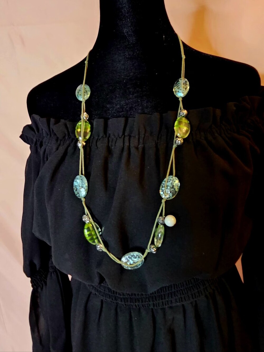 LBVR Boho Glass Bead Cord Necklace Olive Lime Green Aqua Blue